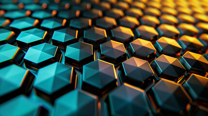 Fototapeta premium 3D Rendered Blue and Orange Hexagonal Tiles. A close-up image of 3D rendered hexagonal tiles transitioning from blue to orange, creating a warm and cool color contrast.
