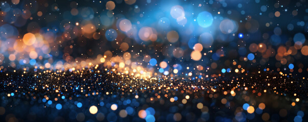 Starry Night Bokeh Effect with Golden Glow. An alluring night scene with a starry bokeh effect, where golden glows and sapphire tones blend to create a mesmerizing celestial ambiance. - obrazy, fototapety, plakaty