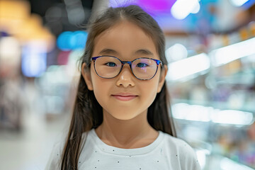 Asian girl in optical store trying on new glasses