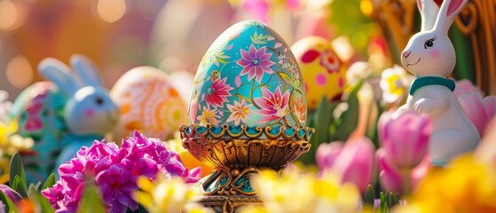 Fototapeta na wymiar Egg knocker with intricate design surrounded by Easter themed sugar bunnies and snapdragons in a parade setting