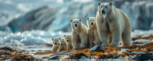 Foto op Plexiglas A protective polar bear with her cubs standing alert on the frosty shores of the Arctic region. © HappyFarmDesign