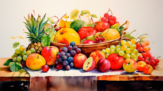 fruit group watercolor, fruit painting, still life