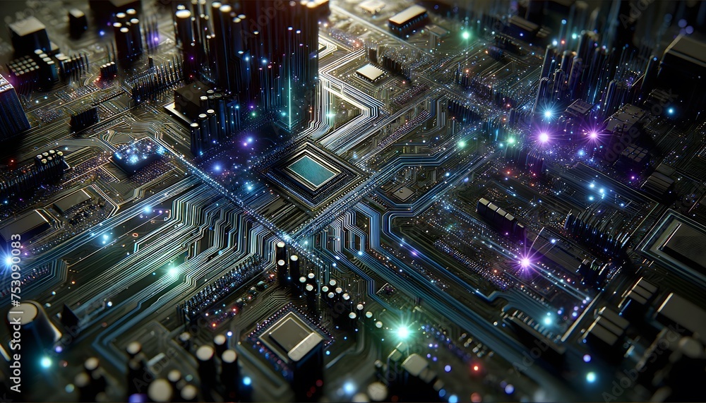 Poster close-up view of a highly detailed and illuminated circuit board with various electronic components 