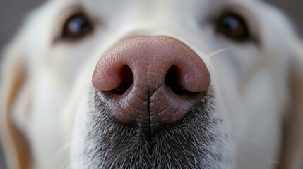 A close-up shot of a dogs wet pink nose with soft fur around it, showcasing intricate details. Perfect for pet lovers and animal enthusiasts to admire the adorable look.
