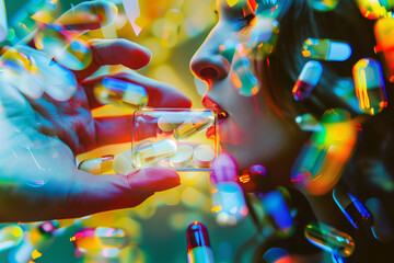 Woman Against Colorful Pill Background. Confronting Drug Overdose, Farmaceutical Addiction Concept. Mental Health, Illness, Fentanyl Awareness. 