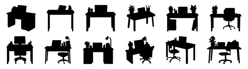 Desk table silhouette set vector design big pack of illustration and icon - obrazy, fototapety, plakaty