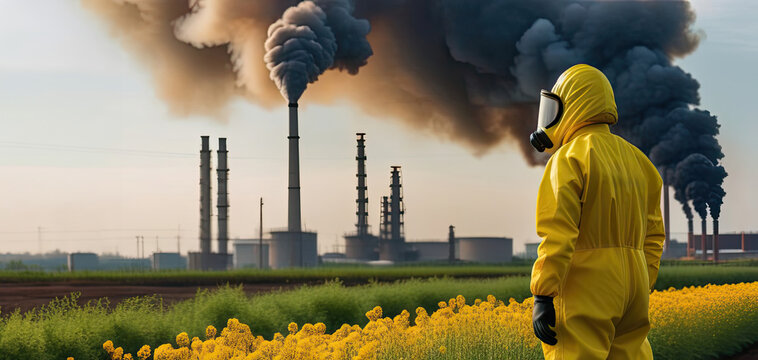 A man in a protective radiation suit stands sideways to the camera in a field, in front of him - a field of bright yellow colors, behind the field - an industrial plant with pipes of black smoke