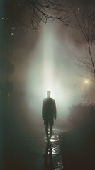 a glowing people silhouette figure in New York fog