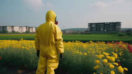 A man in a bright yellow protective radiation suit stands with his back to the camera in a field of flowers, with ruined city buildings beyond the field