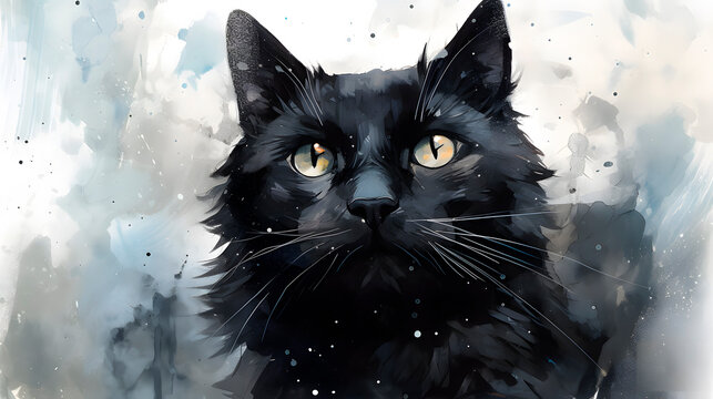 watercolor of a black cat, black cat painting