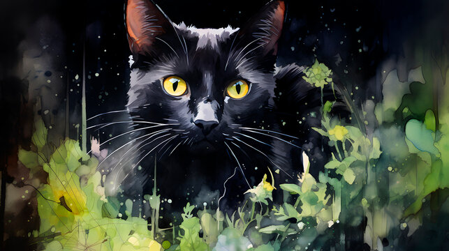 watercolor of a black cat, black cat painting