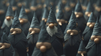 3D render of a series of minimalist gnomes arranged in a pattern each differing slightly in posture and height - obrazy, fototapety, plakaty