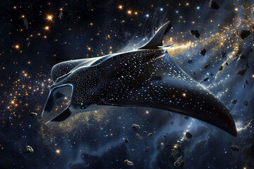 A majestic manta ray gliding through the asteroid belt