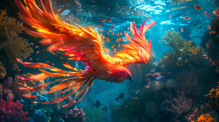 Fototapeta na wymiar A phoenix rising from coral depths