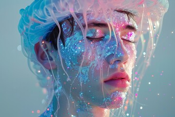 High-detail view of a person with intricate jellyfish-themed makeup and headpiece, with vibrant colors