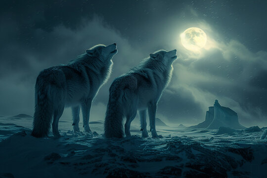 Wolves howling at the sky during an eclipse icebergs standing sentinel in the distance