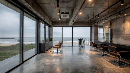 An elegant office space with a panoramic view of the beach through floor-to-ceiling windows, displaying a tranquil work environment