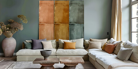 Light white Sofa, Brown, and Beige Pillows Against Wall with Ample Copy Space, Creating a Relaxing Atmosphere