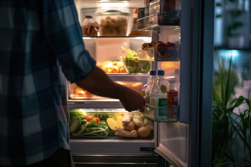 Man standing in front of open refrigerator with food inside at night, looking for a midnight snack