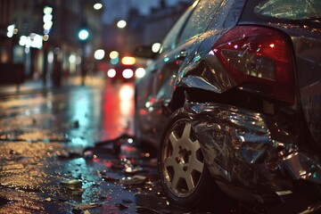 Evening Traffic Accident on Rainy City Street