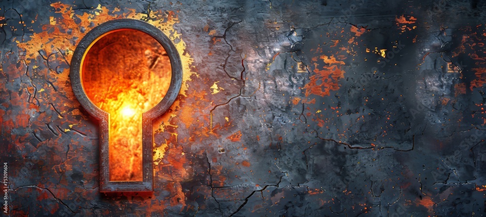 Poster mysterious keyhole with light shining through on dark background, space for text placement