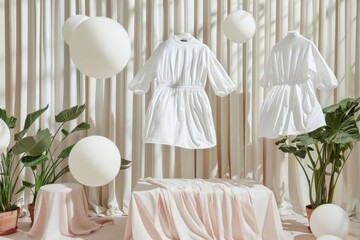 Three white dresses hang in a serene environment with floating objects, invoking feelings of calm and simplicity