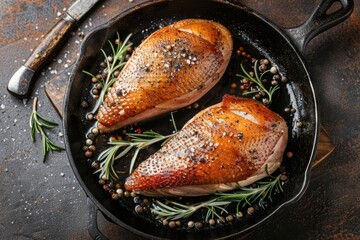 Two roasted duck breast fillets with crispy skin, with pepper and rosemary, top view in black cast iron pan with knife, dark brown concrete rustic background. 