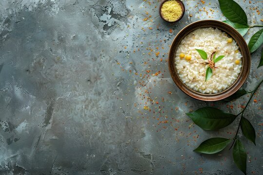 Ven Pongal (Khara Pongal), traditional Indian savoury rice dish made during celebrating Pongal festival, served in bowl top view on concrete rustic background, space for text. 