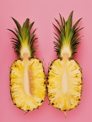 Two juicy pineapple halves rest on a pink background, symbolizing abundance and the beauty of...