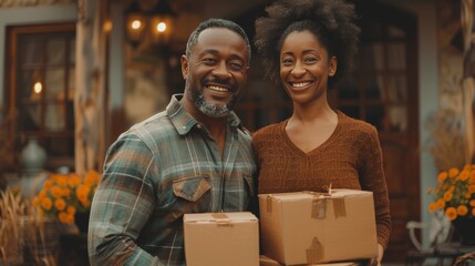 a happy couple embarking on a new chapter in their lives moving into a new home.  couple carrying boxes filled with belongings, emphasizing the sense of teamwork, unity, and shared excitement