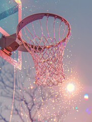 Warm light filters through a basketball net adorned with sparkles, creating a cozy atmosphere