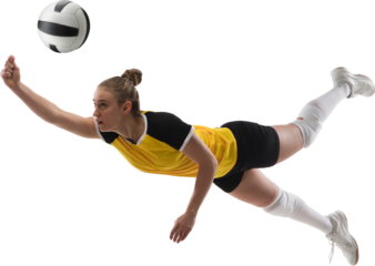 Concentrated and competitive young woman, beach volleyball player hitting ball in monition isolated on transparent background. Concept of professional sport, game, competition, championship
