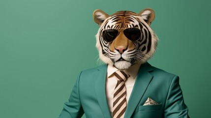 Anthropomorphic tiger in business suit pretending to work in corporate studio shot