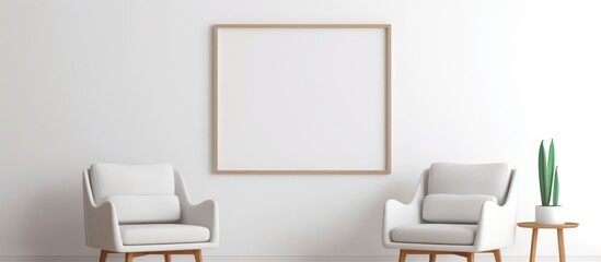 Interior poster mock up in a living room with an armchair against a blank white wall