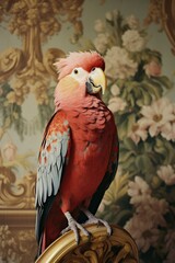 A vibrant parrot with pink and blue feathers sits perched upon a golden ornate frame, against a floral wallpaper background