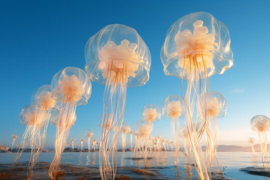 An imaginative and visually captivating scene showcasing jellyfish suspended in a desert with a clear sky