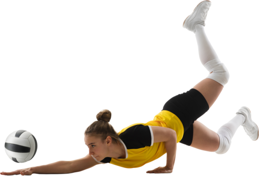 Sportive young woman, volleyball player in motion, hitting ball and falling down, competing isolated on transparent background. Concept of professional sport, game, competition, championship