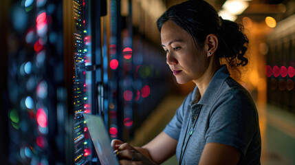 Focused IT professional using a laptop while standing in a server room with racks of network equipment illuminated by blue lights