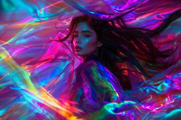 An evocative image of a woman shrouded in colorful dynamic silk fabric illuminated by neon light