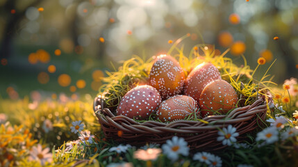 Unique hand painted Easter eggs in basket and lying on grass, blue sky. Traditional decoration in sun light.