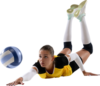 Competitive young woman, volleyball player in motion, hitting ball and falling down isolated on transparent background. Concept of professional sport, game, competition, championship