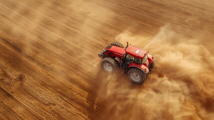 Aerial view of farming tractor plowing and spraying on agricultural field landscape