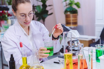 Scientist and people in science exam, test or group project in experiment or assignment at laboratory. Scientist or pharmacist work in scientific lab. Medical Development Laboratory.
