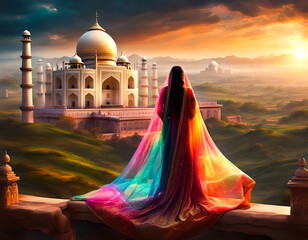 Woman looking at the Taj Mahal at sunset. Edited AI generated image - 753093203