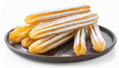 Plate of tasty churros with sugar powder. Traditional Spanish pastry. Delicious dessert.