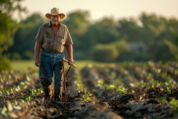 Middle-Aged Farmer Plowing Field at Dawn

