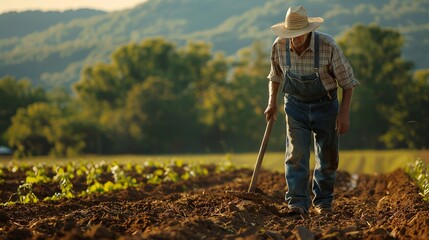 Middle-Aged Farmer Plowing Field at Dawn

