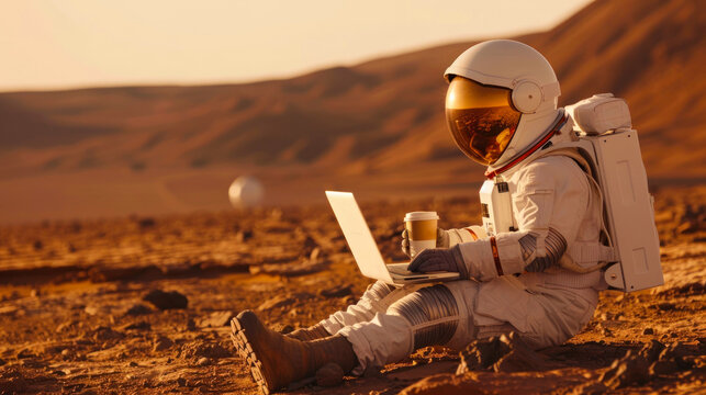 An astronaut in full gear is seated on a rocky, Mars-like surface, working on a laptop with a coffee cup in hand - Powered by Adobe
