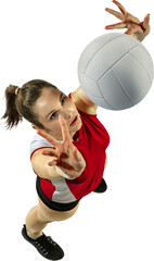 Top view of concentrated young girl catching ball, volleyball player training isolated on...