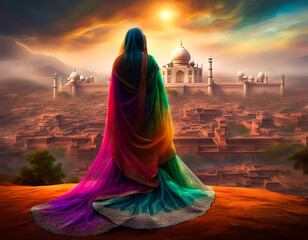 Woman admiring Indian landscape. Edited AI generated image - 753093852